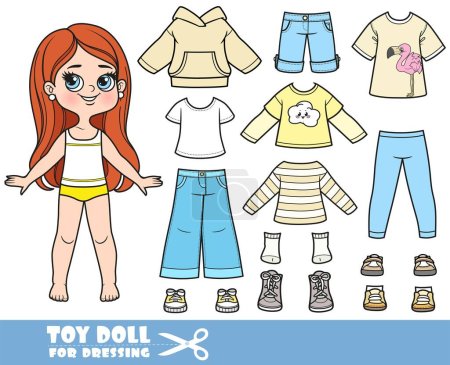 Illustration for Cartoon brunette longhaired girl and clothes separately - long sleeve, hoodie, shirt, jacket, jeans and sneakers doll for dressing - Royalty Free Image