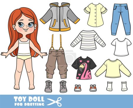 Illustration for Cartoon brunette longhaired girl  and clothes separately -  long sleeves,demi-season jacket, t-shirts,  jeans and sneakers doll for dressing. - Royalty Free Image