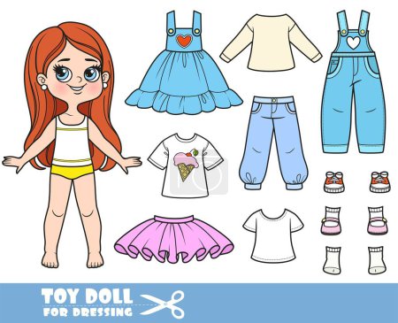 Illustration for Cartoon brunette longhaired girl  and clothes separately -  skirt, tutu, t-shirts, denim overalls, jeans and sneakers doll for dressing - Royalty Free Image