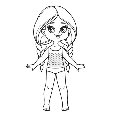 Ilustración de Linda chica de dibujos animados con pelo largo trenzado vestido con ropa interior y contorno descalzo para colorear sobre un fondo blanco - Imagen libre de derechos