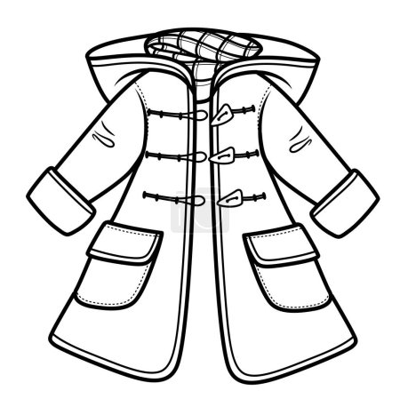 Téléchargez les illustrations : Manteau demi-saison femme déboutonné avec contour écharpe à carreaux pour la coloration sur un fond blanc - en licence libre de droit
