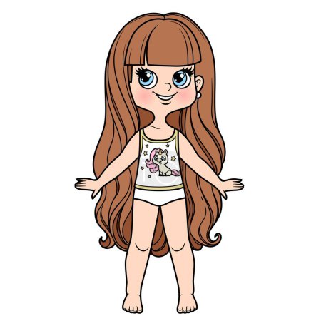 Illustration for Cute cartoon long haired girl dressed in underwear color variation for coloring page on a white background - Royalty Free Image