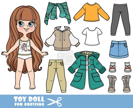 Illustration for Cartoon long haired brunette girl and clothes separately - coat, skirt, long sleeve, shirt, jeans and sneakers doll for dressing - Royalty Free Image