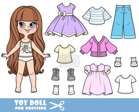 Illustration for Cartoon long haired brunette girl and clothes separately - dresses, long sleeve, shirt, jeans and sneakers doll for dressing - Royalty Free Image