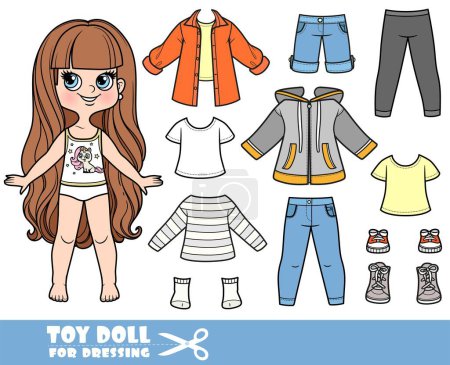 Illustration for Cartoon long haired brunette girl and clothes separately - long sleeve, shirt, jeans and sneakers doll for dressing - Royalty Free Image