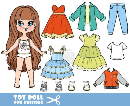Illustration for Cartoon long haired brunette girl and clothes separately - summer dresses, shirts, long sleeve, jeans and sneakers doll for dressing - Royalty Free Image