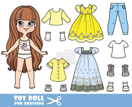 Illustration for Cartoon long haired brunette girl and clothes separately - summer dresses, tunic, boots, long sleeve, jeans and sneakers doll for dressing - Royalty Free Image