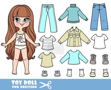 Illustration for Cartoon long haired brunette girl and clothes separately - sweatpants, denim jacket, boots, long sleeve, jeans and sneakers doll for dressing - Royalty Free Image