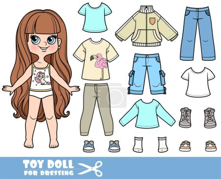 Illustration for Cartoon long haired brunette girl and clothes separately - shorts, jacket, boots, long sleeve, jeans and sneakers doll for dressing - Royalty Free Image