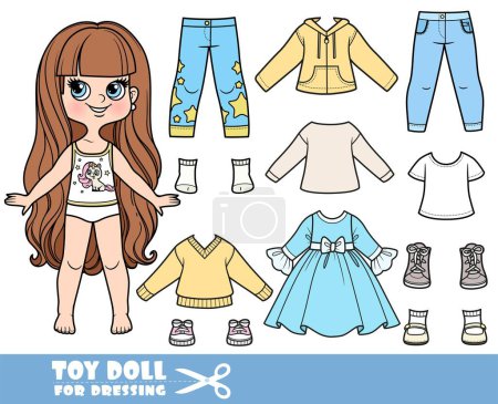Illustration for Cartoon long haired brunette girl and clothes separately - elegant dress, jumper, boots,  long sleeve, jeans and sneakers doll for dressing - Royalty Free Image