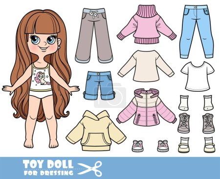 Illustration for Cartoon long haired brunette girl and clothes separately - hoodie, sweatpants, shorts, long sleeve, jeans and sneakers doll for dressing - Royalty Free Image