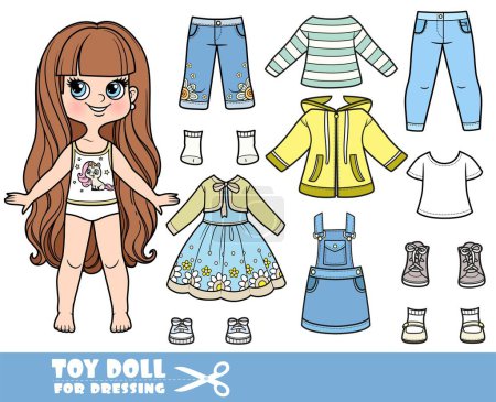 Illustration for Cartoon long haired brunette girl and clothes separately - elegant dress, jacket, skirt, boots, long sleeve, jeans and sneakers doll for dressing - Royalty Free Image