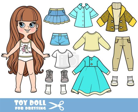 Illustration for Cartoon long haired brunette girl and clothes separately - dress, long sleeve, shirt, short coat with sweater, jeans and sneakers doll for dressing - Royalty Free Image