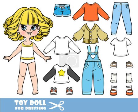 Illustration for Cartoon blond girl with big curls and clothes separately -  long sleeve, shirt, sandals, jacket, shorts, overalls, jeans and sneakers doll for dressing - Royalty Free Image