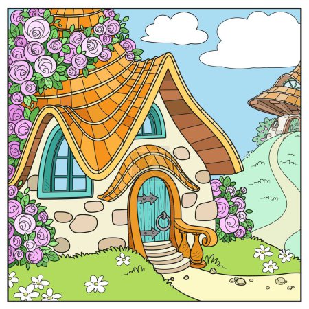 Illustration for Summer fairytale home twined with roses color variation - Royalty Free Image