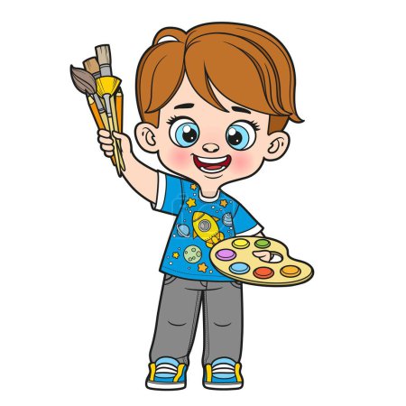 Illustration for Cute cartoon boy holding the palette with paints and brushes in hands color variation for coloring page on a white background - Royalty Free Image