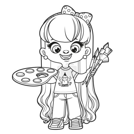 Illustration for Cute cartoon long haired girl holding the palette with paints and brushes in hands outlined for coloring page on a white background - Royalty Free Image