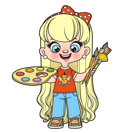 Illustration for Cute cartoon long haired girl holding the palette with paints and brushes in hands color variation for coloring page on a white background - Royalty Free Image