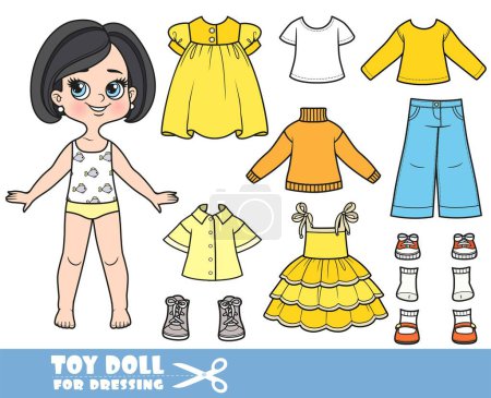 Illustration for Cartoon brunette girl with bob haircut and clothes separately -   long sleeve,  sweater, shirt, summer dresses, jeans and sneakers - Royalty Free Image