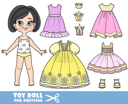 Illustration for Cartoon brunette girl with bob haircut and clothes separately -  elegant dress for princess and crowns, summer dresses and sandals - Royalty Free Image