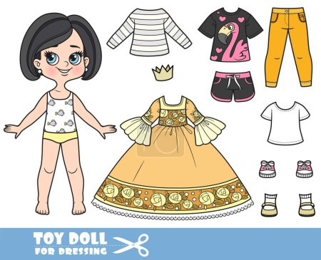 Illustration for Cartoon brunette girl with bob haircut and clothes separately -  elegant ball dress for princess and crown, shirts, jeans, sneakers and sandals - Royalty Free Image
