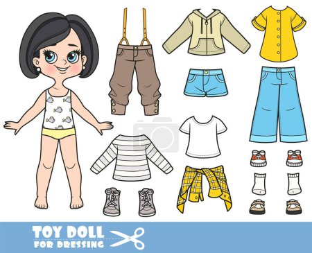 Illustration for Cartoon brunette girl with bob haircut and clothes separately -   long sleeve, shirt, jacket,  trousers with suspenders, jeans and sneakers - Royalty Free Image