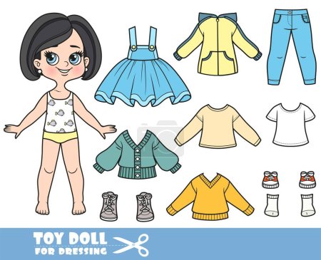 Illustration for Cartoon brunette girl with bob haircut and clothes separately -  sweater, long sleeve, shirt, jacket, skirt,  jeans and sneakers - Royalty Free Image