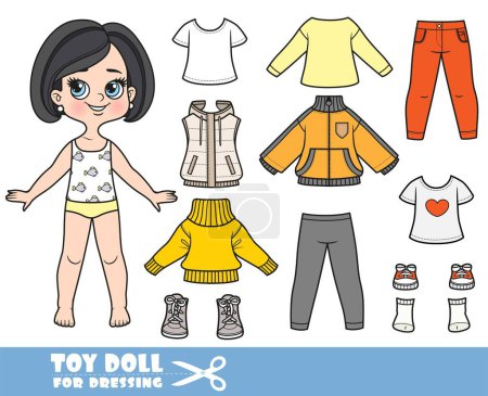 Illustration for Cartoon brunette girl with bob haircut and clothes separately -  warm sweater, long sleeve, shirt, jackets, jeans and sneakers - Royalty Free Image