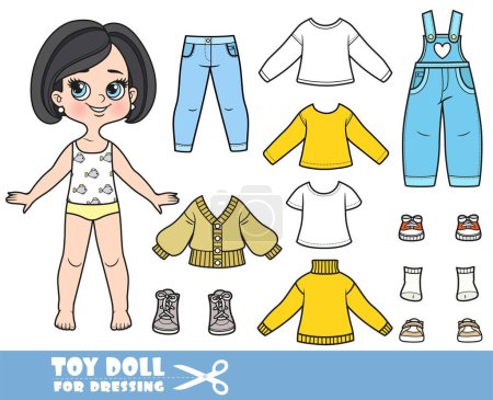 Illustration for Cartoon brunette girl with bob haircut and clothes separately -   long sleeve,  jacket, shirt, comfortable overalls, jeans and sneakers - Royalty Free Image