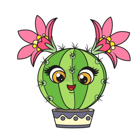 Ilustración de Lindo círculo de dibujos animados cactus con dos flores en una variación de color olla sobre un fondo blanco - Imagen libre de derechos