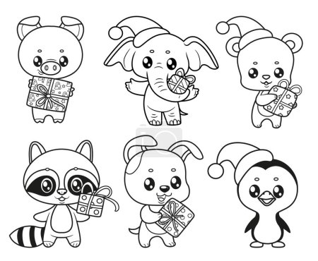 Téléchargez les illustrations : Six personnages de nouvelle année animaux dessin animé mignon avec des cadeaux esquissés pour la coloration sur fond blanc - en licence libre de droit