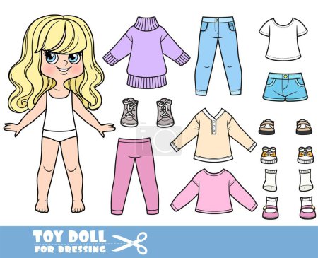 Illustration for Cartoon blong girl with wavy hair and clothes separately - tunic, short shorts, warm sweater, leggings, long sleeves,shirt, jeans and sneakers - Royalty Free Image