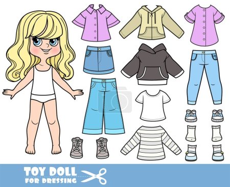 Illustration for Cartoon blong girl with wavy hair and clothes separately -   long sleeve, shirt, jacket, jeans and sneakers - Royalty Free Image
