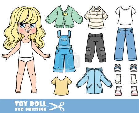 Illustration for Cartoon blong girl with wavy hair and clothes separately - cardigan, denim overalls, shirt, jacket, jeans and sneakers - Royalty Free Image