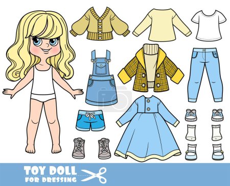 Illustration for Cartoon blong girl with wavy hair and clothes separately -   long sleeve, casual dress, short coat, shirt, short shorts, denim sundress, jeans and sneakers - Royalty Free Image