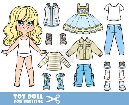 Illustration for Cartoon blong girl with wavy hair and clothes separately -   long sleeve, insulated vest, sundress, shirt, Jean jacket, jeans and sneakers - Royalty Free Image