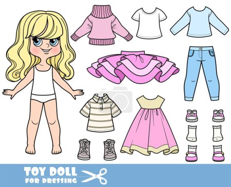 Illustration for Cartoon blong girl with wavy hair and clothes separately - sweater, long sleeve, tutu skirt, summer casual dress, shirt, jeans and sneakers - Royalty Free Image