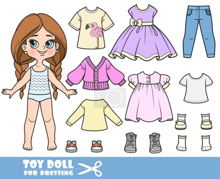 Illustration for Cartoon long hair braided girl and clothes separately -  dresses, t-shirts,jacket, jeans and sneakers doll for dressing - Royalty Free Image
