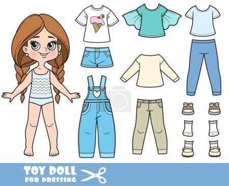 Illustration for Cartoon long hair braided girl and clothes separately -  long sleeves, shirt, denim overalls, short shorts,jeans and sneakers - Royalty Free Image
