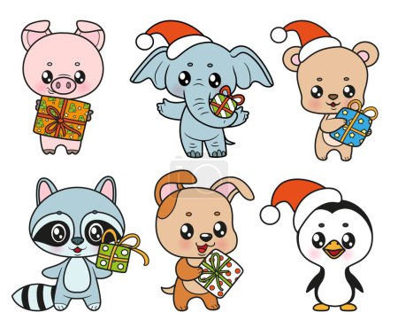 Téléchargez les illustrations : Six personnages de nouvelle année animaux de dessin animé mignon avec des cadeaux de coloration variation sur fond blanc - en licence libre de droit