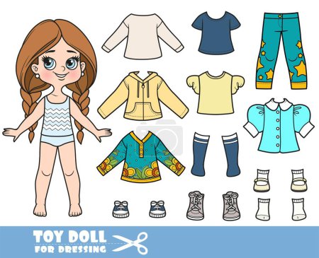 Illustration for Cartoon long hair braided girl and clothes separately -  shirt, tunic, jacket, high socks, elegant blouse, jeans with stars and sneakers doll for dressing - Royalty Free Image
