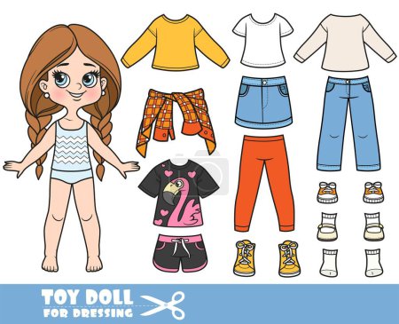Illustration for Cartoon long hair braided girl and clothes separately -  flamingo t-shirt, long sleeve, knotted plaid shirt, denim skirt, short shorts, jeans and sneakers doll for dressing - Royalty Free Image