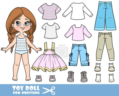 Illustration for Cartoon long hair braided girl and clothes separately -  strappy skirt, striped T-shirt, long sleeves, shirt, jeans and sneakers doll for dressing - Royalty Free Image