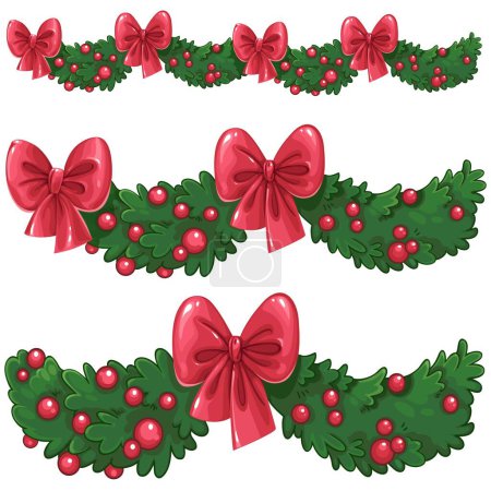 Téléchargez les illustrations : Guirlandes de Noël vertes avec décoration de Noël rouge et arc - en licence libre de droit