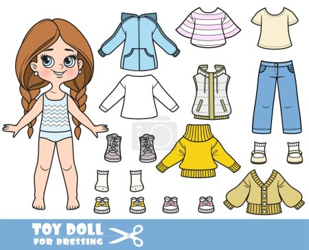 Illustration for Cartoon long hair braided girl and clothes separately -  casual sweater, insulated vest, demi-season jacket, shirt, jeans and sneakers doll for dressing - Royalty Free Image