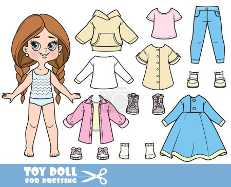 Illustration for Cartoon long hair braided girl and clothes separately -  casual dress, hoodie, tunic, shirt, jeans and sneakers doll for dressing - Royalty Free Image