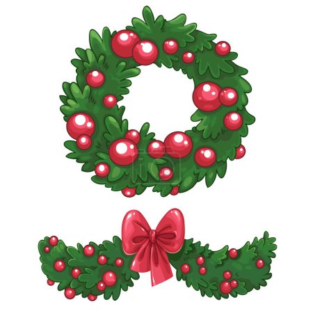 Illustration for Green Christmas wreath from fir tree and garland with red christmas decoration and bow isolated on white background - Royalty Free Image