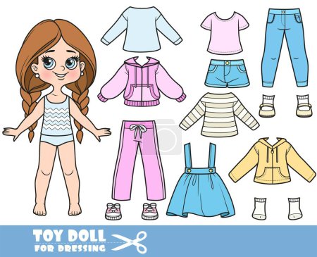 Illustration for Cartoon long hair braided girl and clothes separately -  tracksuit, shorts, skirt with straps, jacket, shirt, jeans and sneakers doll for dressing - Royalty Free Image