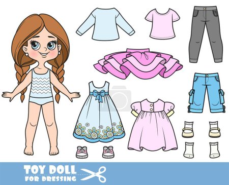 Illustration for Cartoon long hair braided girl and clothes separately -  summer dress,tutu skirt, shirt, jeans and sneakers doll for dressing - Royalty Free Image