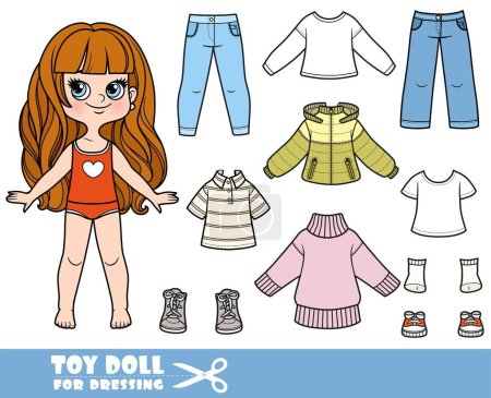 Illustration for Cartoon girl with long wavy hair and clothes separately - long sweater, demi-season jacket, long sleeve,  shirt,  jeans and sneakers - Royalty Free Image